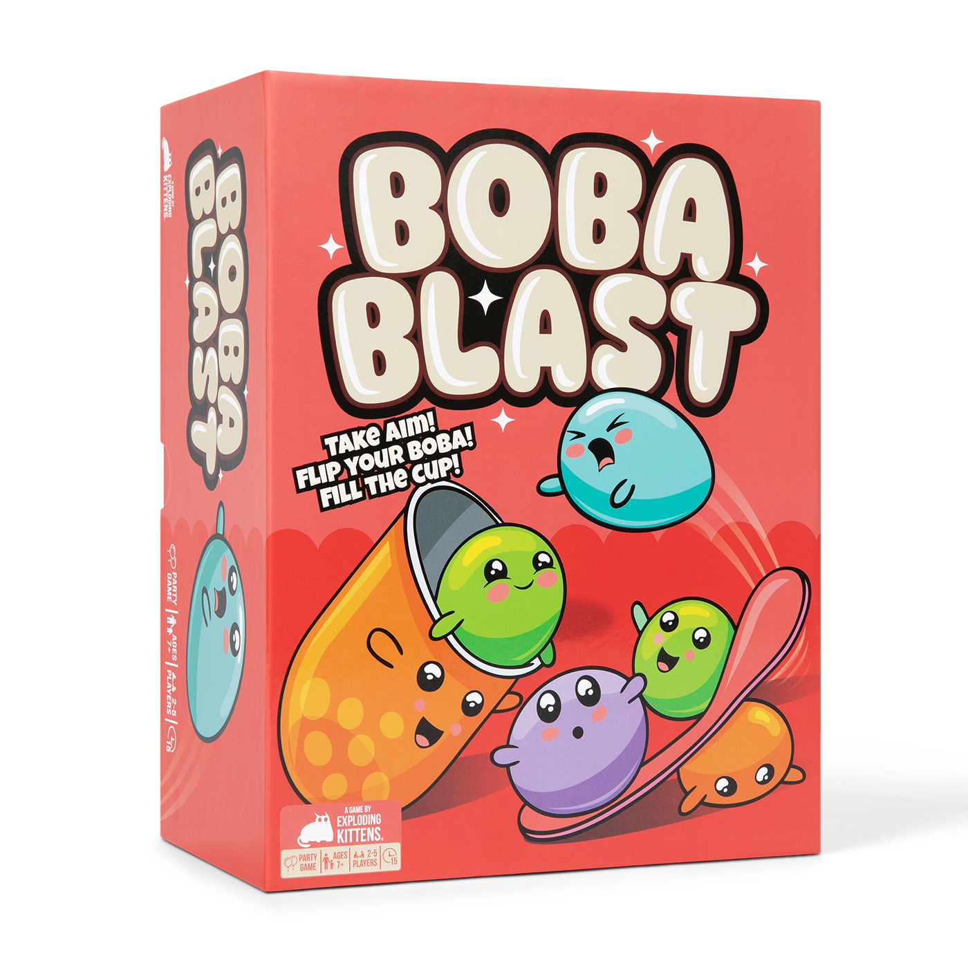 Boba Blast game box at an angle, an orange box with cartoon boba tea characters 