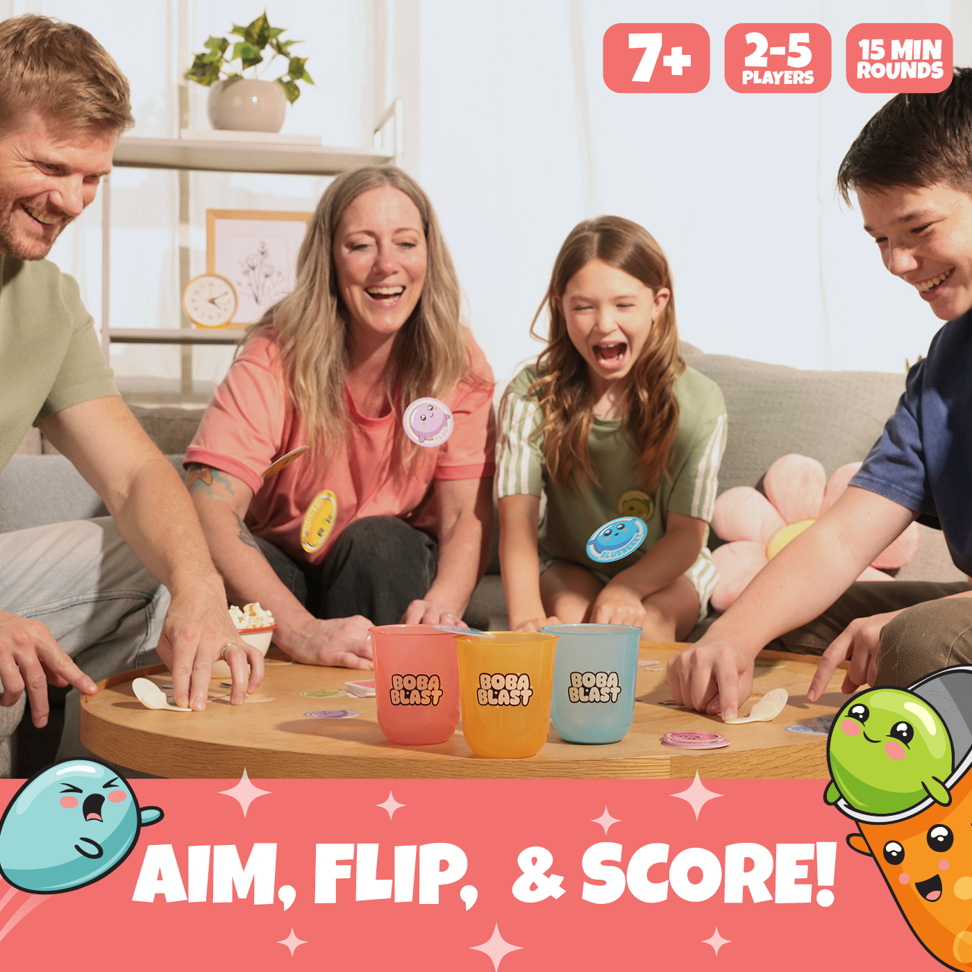Kids playing Boba Blast, billed 'aim, flip, and score' 