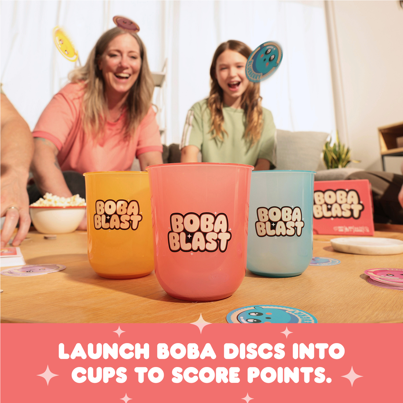Boba Blast gameplay: launch boba discs into cups to score points 