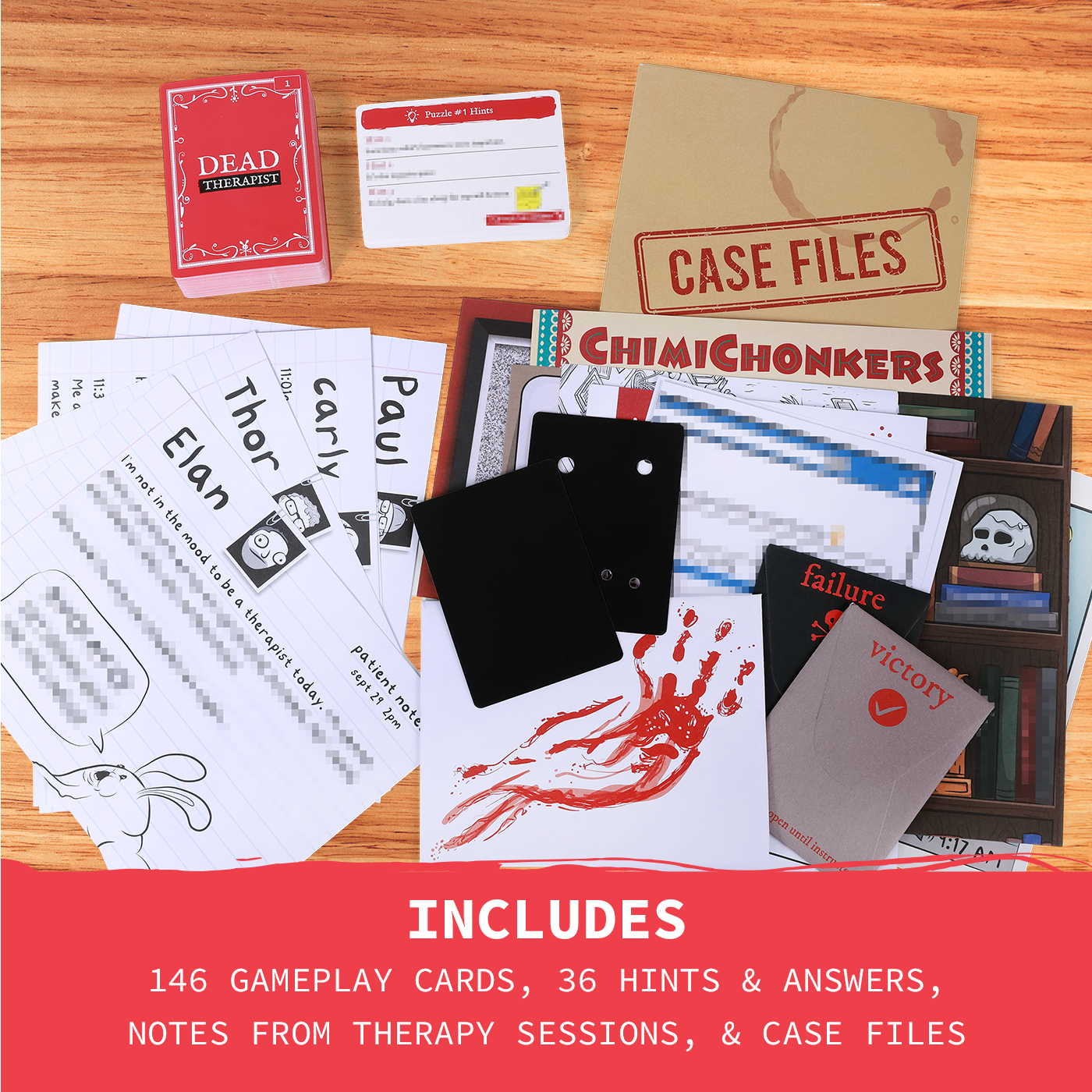 Dead Therapist contents: 146 gameplay cards, hints and answers, therapy notes, case files 