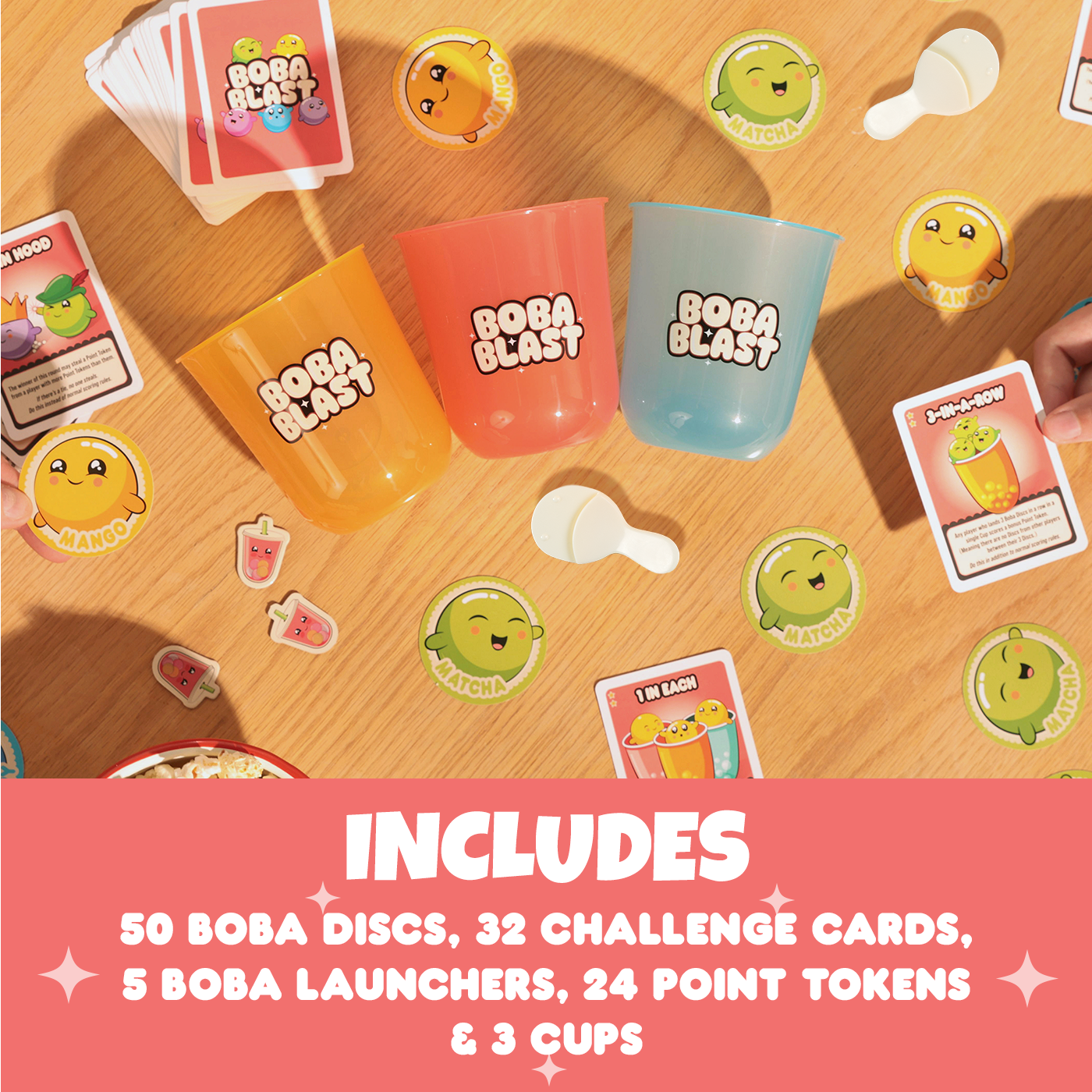 Boba Blast contents: 50 boba discs, 32 challenge cards, 5 launchers, 24 tokens, 2 cups 