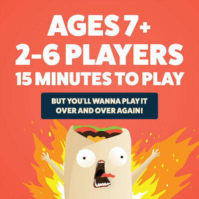 Throw Throw Burrito info graphic: ages 7+, 2-6 players, 15 minutes 