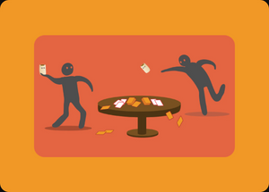 Two characters around a table tossing pieces 
