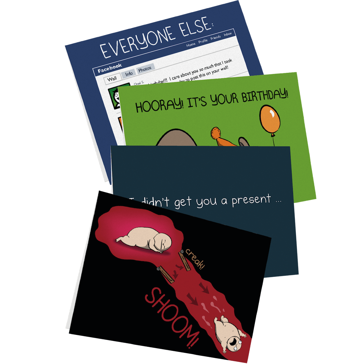 Birthday card bundle 4-pack, four birthday greeting cards fanned out 