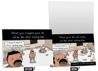 Newborn Baby friendship card, outside and inside, with a cartoon parenting scene (Primary image) View 1