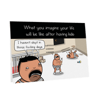 Newborn Baby card front with a cartoon parenting scene and a humorous message (Secondary image) View 2